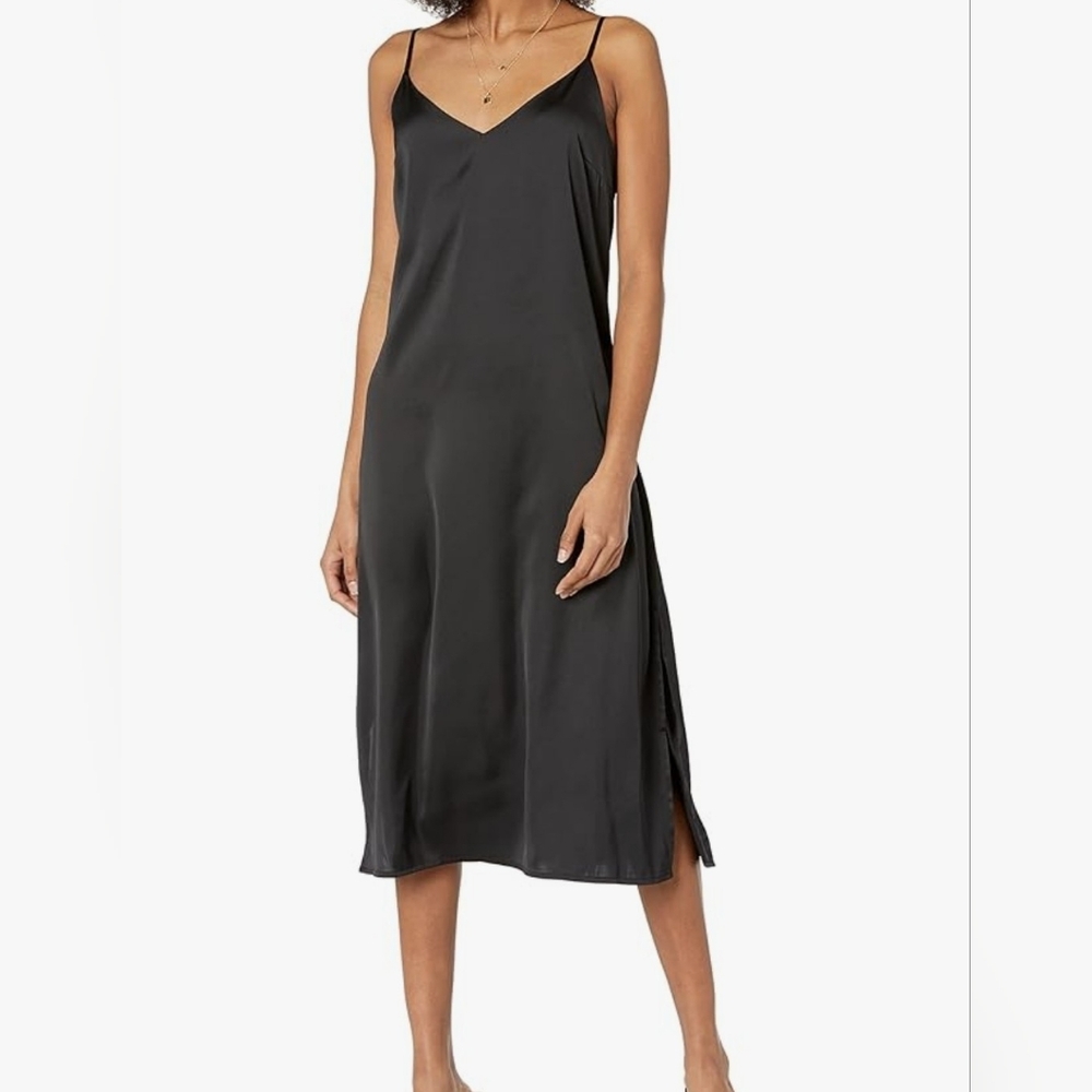 The Drop Women's Ana Silky V-Neck Midi Slip Dress Sz L Black Side Slits PTP 21